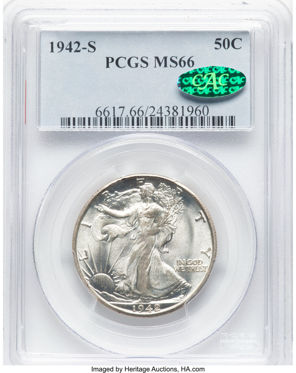 1942-S 50C CAC Walking Liberty Half Dollar PCGS MS66