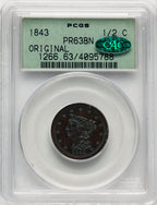 1843 1/2 C ORIGINAL BN CAC Proof Half Cent PCGS PR63