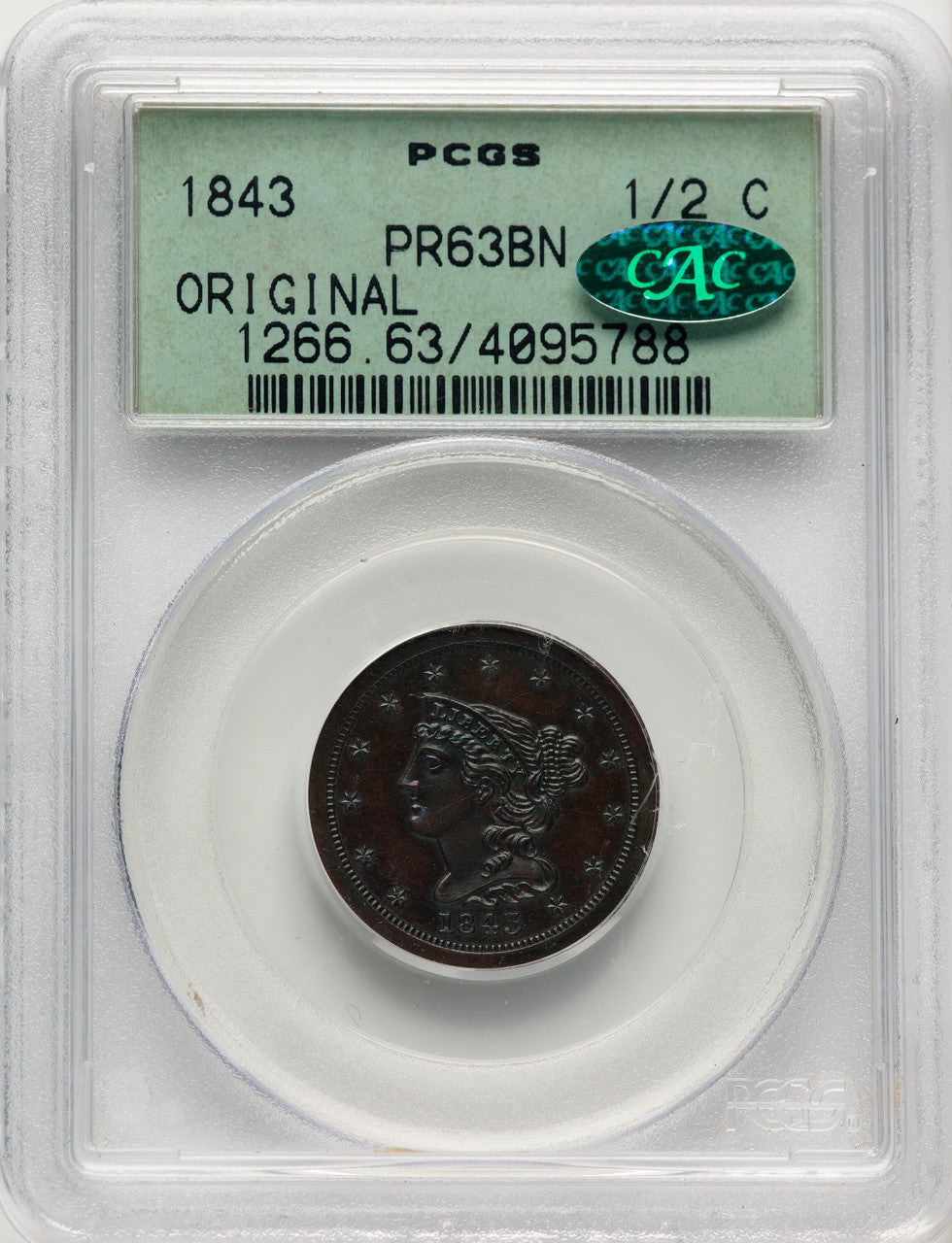 1843 1/2 C ORIGINAL BN CAC Proof Half Cent PCGS PR63