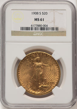 1908-S $20 Saint-Gaudens Double Eagle NGC MS61 (910583006)