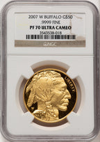 2007-W G$50 One-Ounce Gold Buffalo .9999 Fine Gold Brown Label NGC PF70 (775460001)