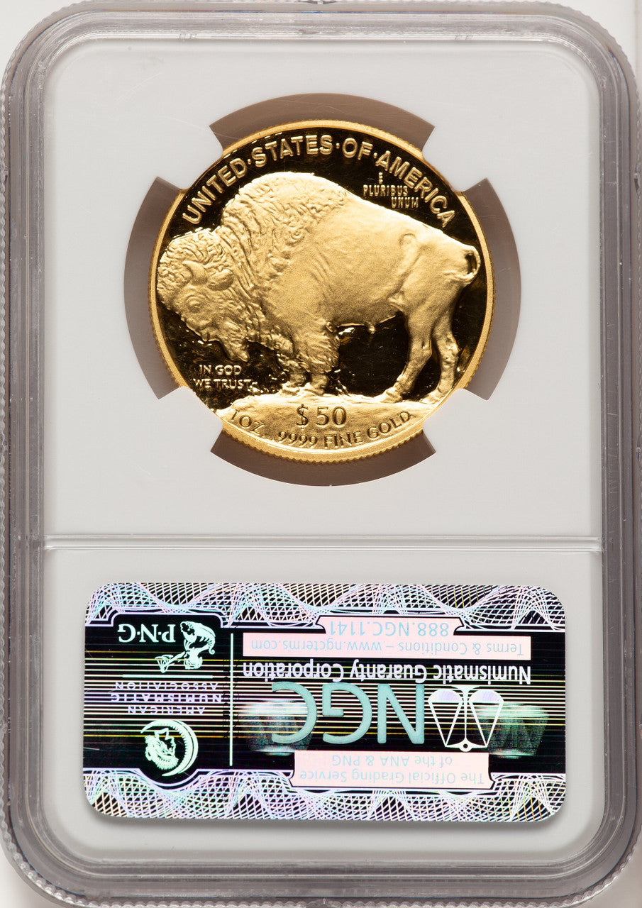 2007-W G$50 One-Ounce Gold Buffalo .9999 Fine Gold Brown Label NGC PF70 (775460001)