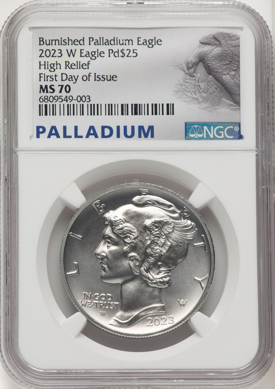 2023-W Palladium Eagle 1 oz Burnished FDI Palladium Label NGC MS70