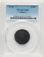 1793 1/2 C C-3 BN Half Cent PCGS G6
