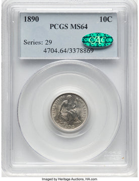 1890 10C CAC Seated Dime PCGS MS64