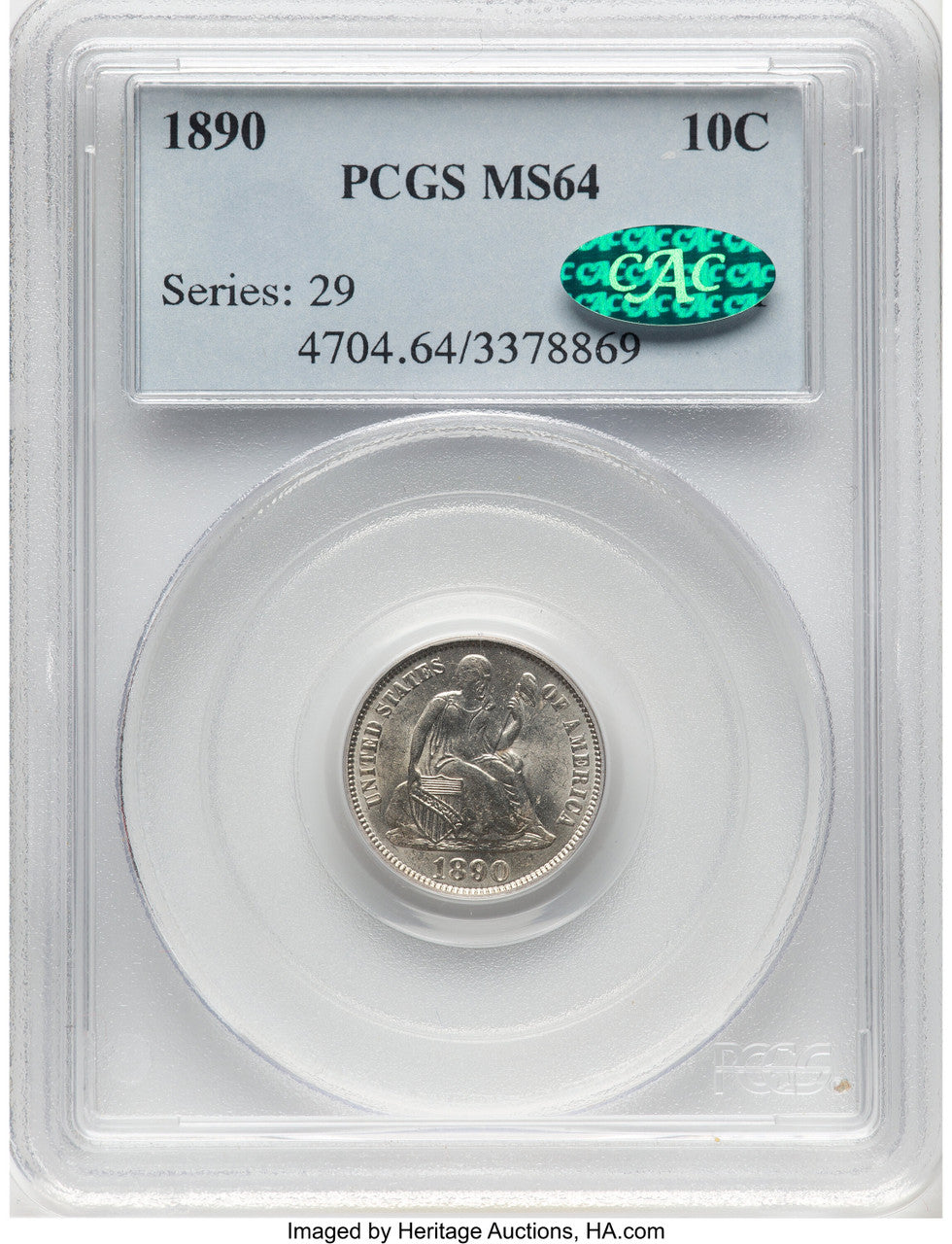 1890 10C CAC Seated Dime PCGS MS64