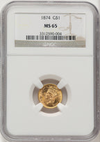 1874 G$1 Gold Dollar NGC MS65