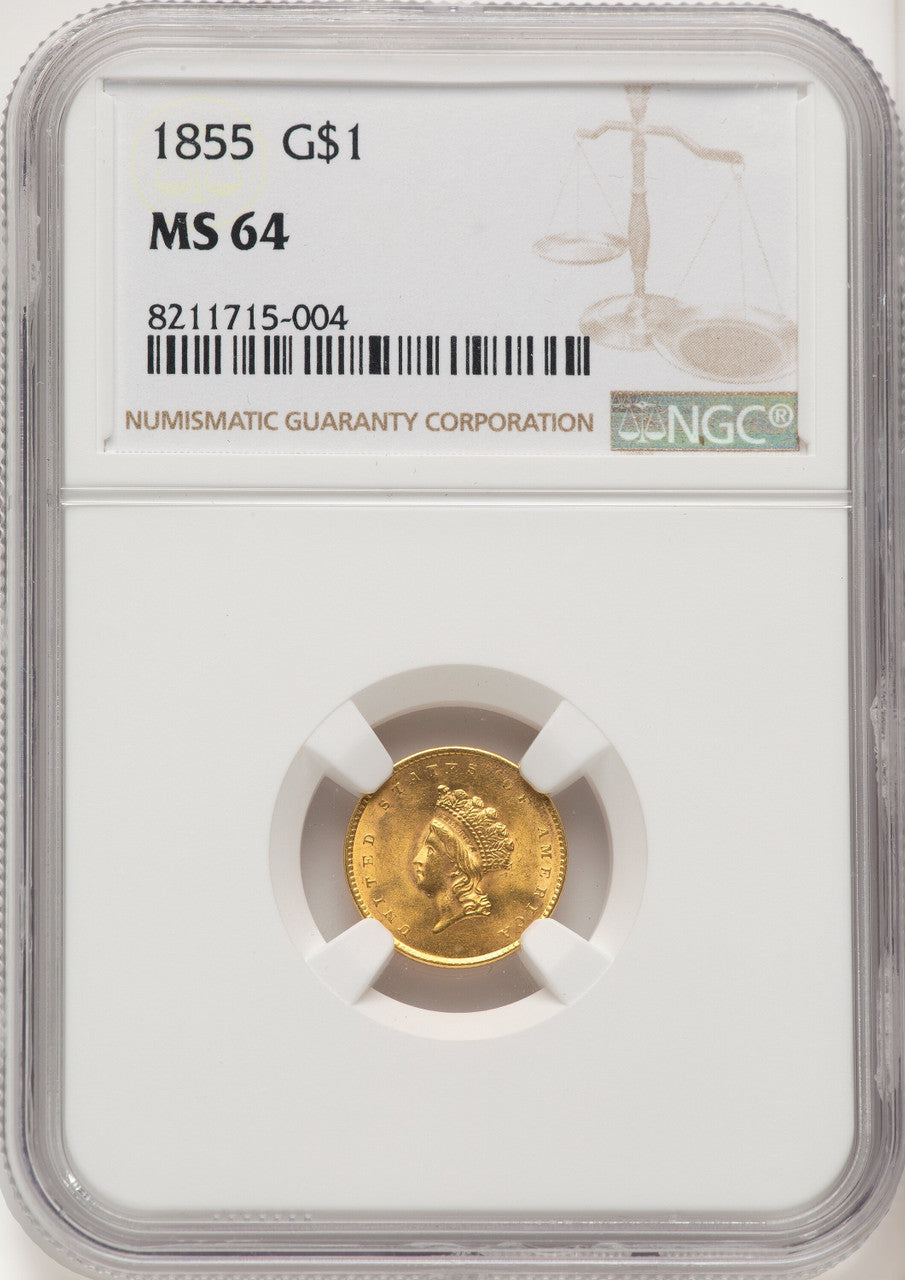 1855 G$1 Type Two Gold Dollar NGC MS64