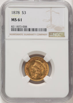 1878 $3 Three Dollar Gold Pieces NGC MS61 (771939100)