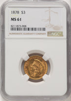 1878 $3 Three Dollar Gold Pieces NGC MS61 (771939100)