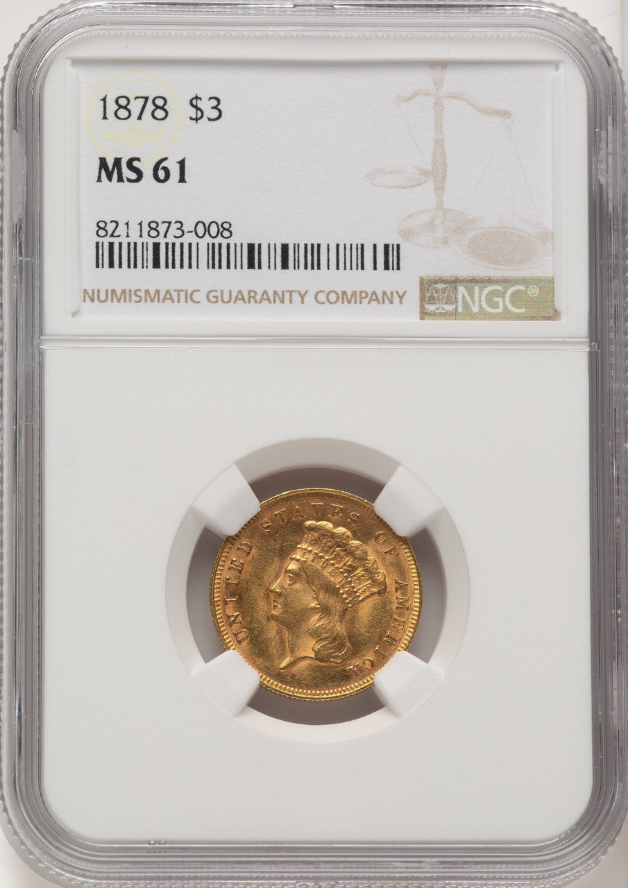 1878 $3 Three Dollar Gold Pieces NGC MS61 (771939100)