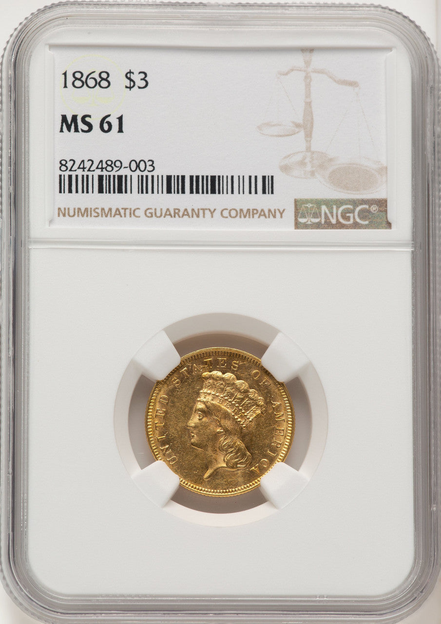 1868 $3 Three Dollar Gold Pieces NGC MS61