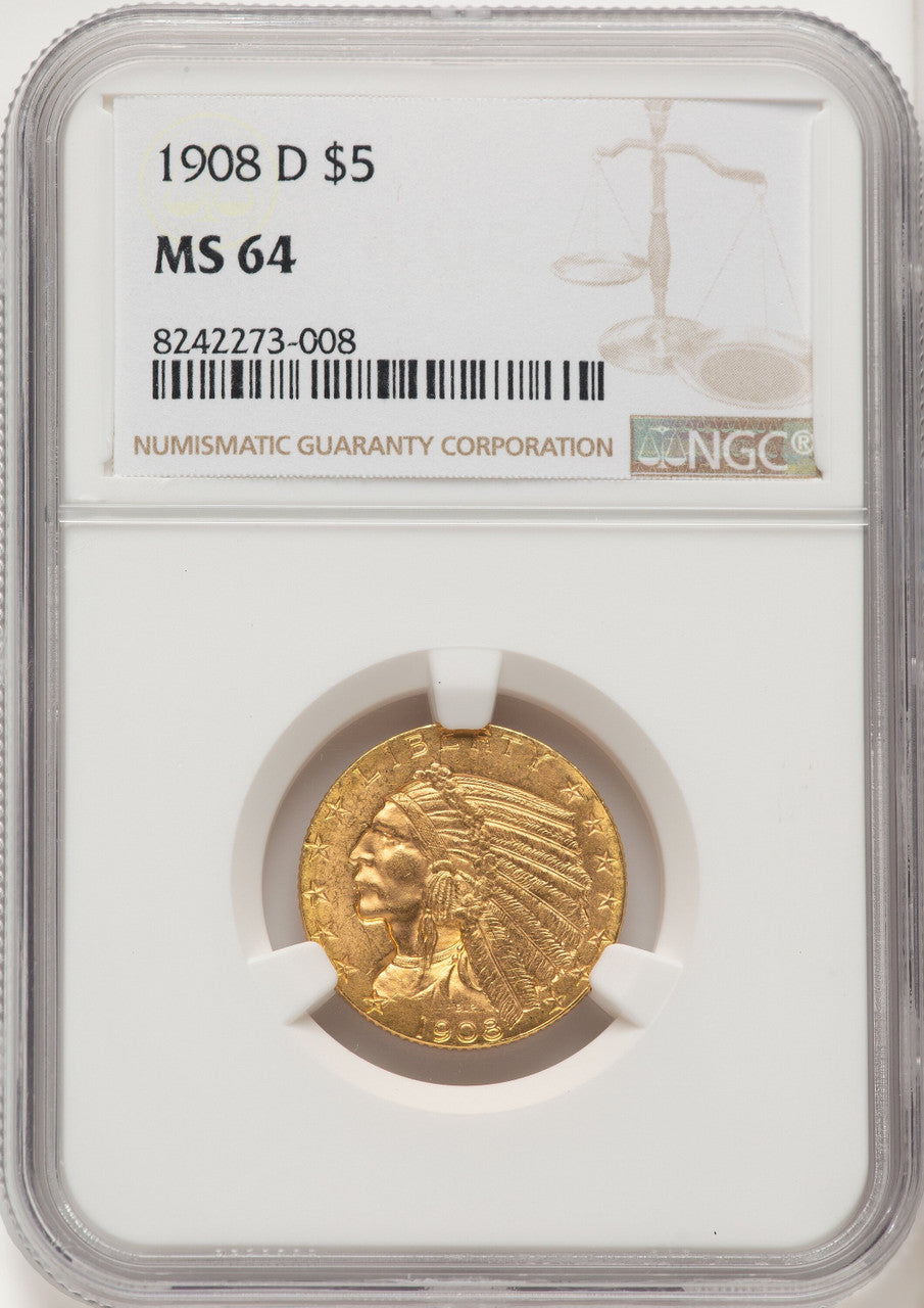 1908-D $5 Indian Half Eagle NGC MS64 (774293001)