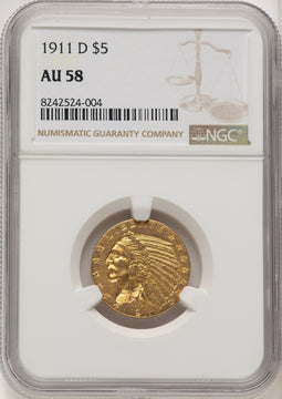 1911-D $5 Indian Half Eagle NGC AU58