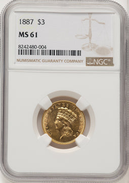 1887 $3 Three Dollar Gold Pieces NGC MS61