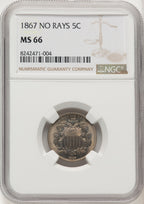 1867 5C NO RAYS Shield Nickel NGC MS66
