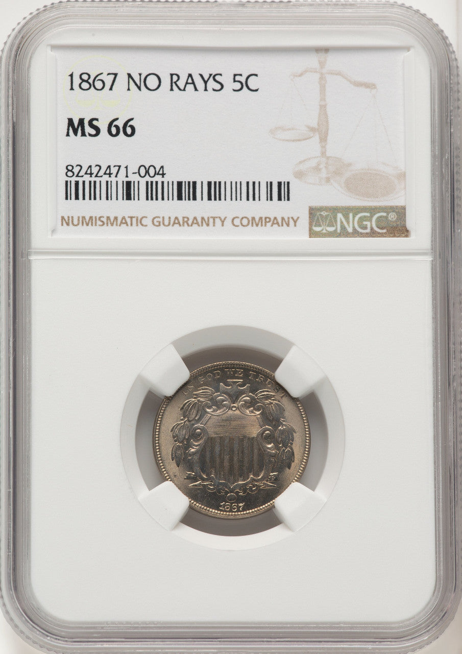 1867 5C NO RAYS Shield Nickel NGC MS66