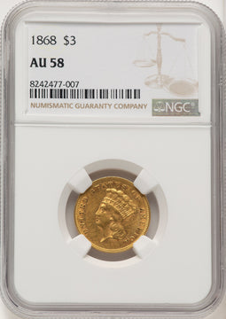 1868 $3 Three Dollar Gold Pieces NGC AU58 (774711013)