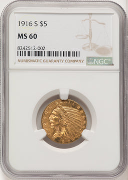 1916-S $5 Indian Half Eagle NGC MS60