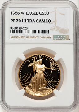 1986-W $50 One-Ounce Gold Eagle Brown Label NGC PF70 (773276013)
