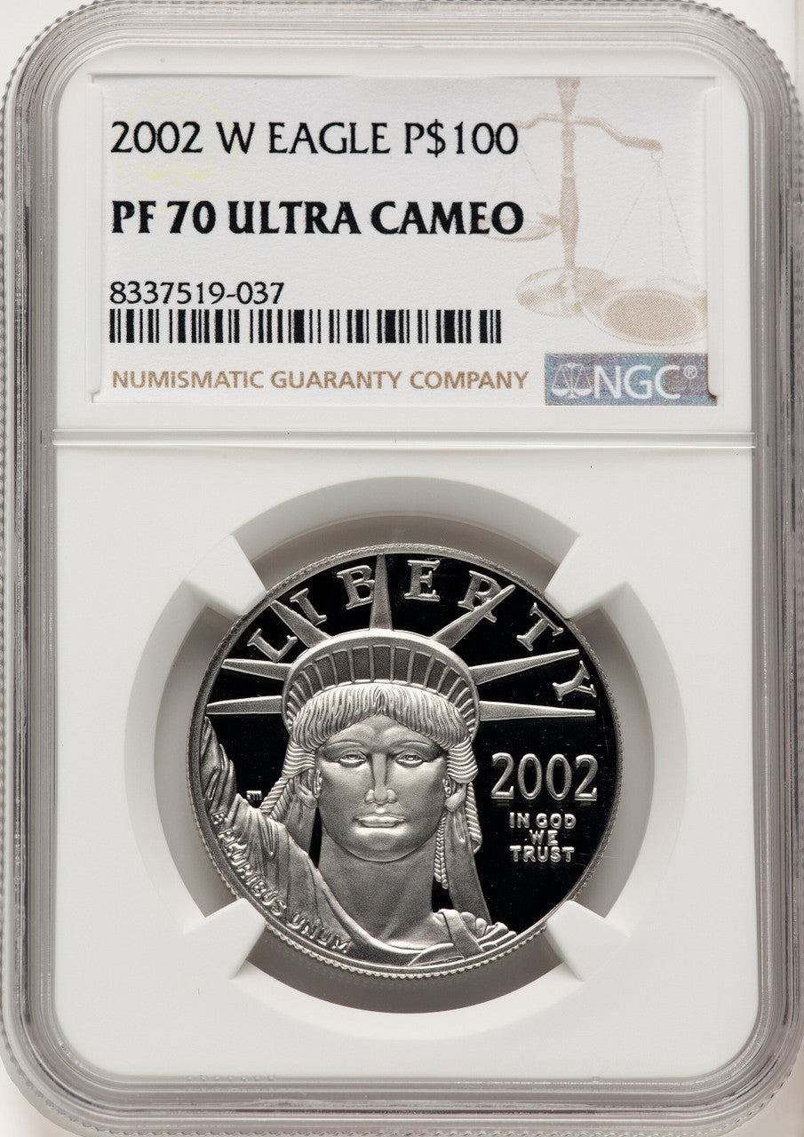 2002-W $100 One-Ounce Platinum Eagle Statue of Liberty Brown Label NGC PF70 (775329009)