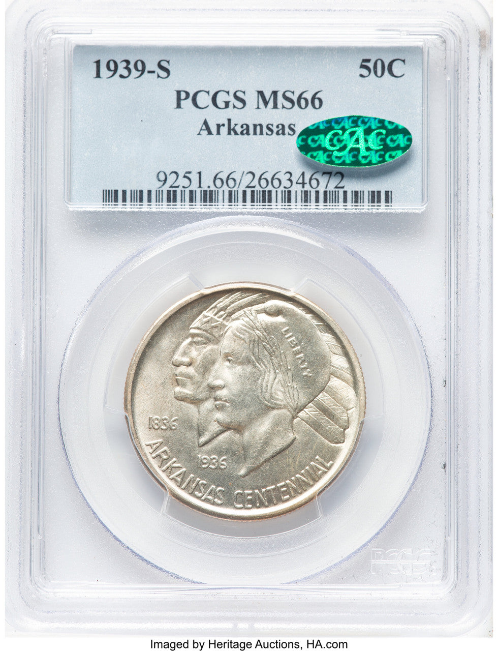 1939-S 50C Arkansas CAC Commemorative Silver PCGS MS66