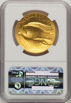 1907 $20 Flat Rim Brown Label High Relief Double Eagle NGC MS65+