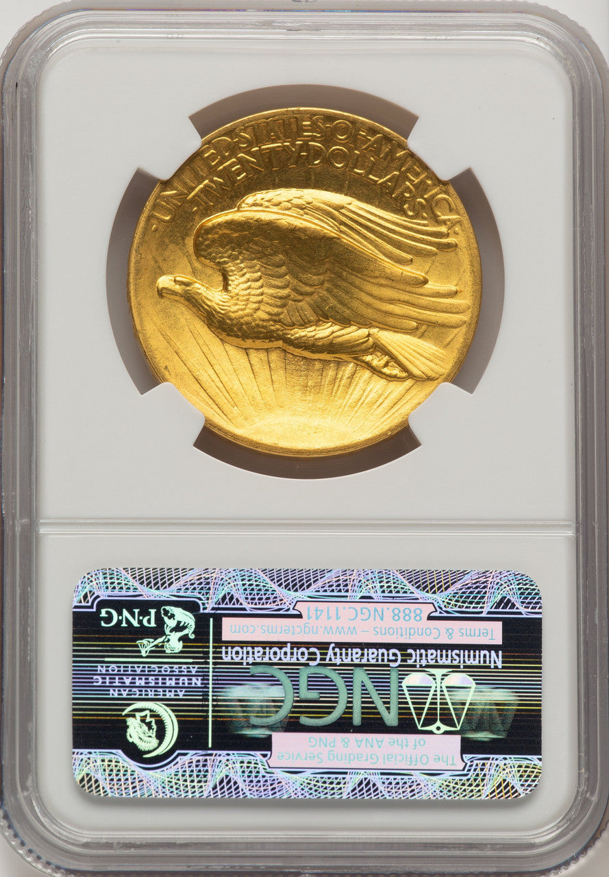 1907 $20 Flat Rim Brown Label High Relief Double Eagle NGC MS65+