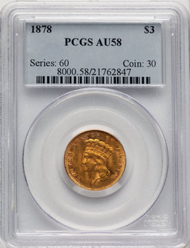 1878 $3 Three Dollar Gold Pieces PCGS AU58 (520707009)