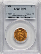 1878 $3 Three Dollar Gold Pieces PCGS AU58 (520707009)