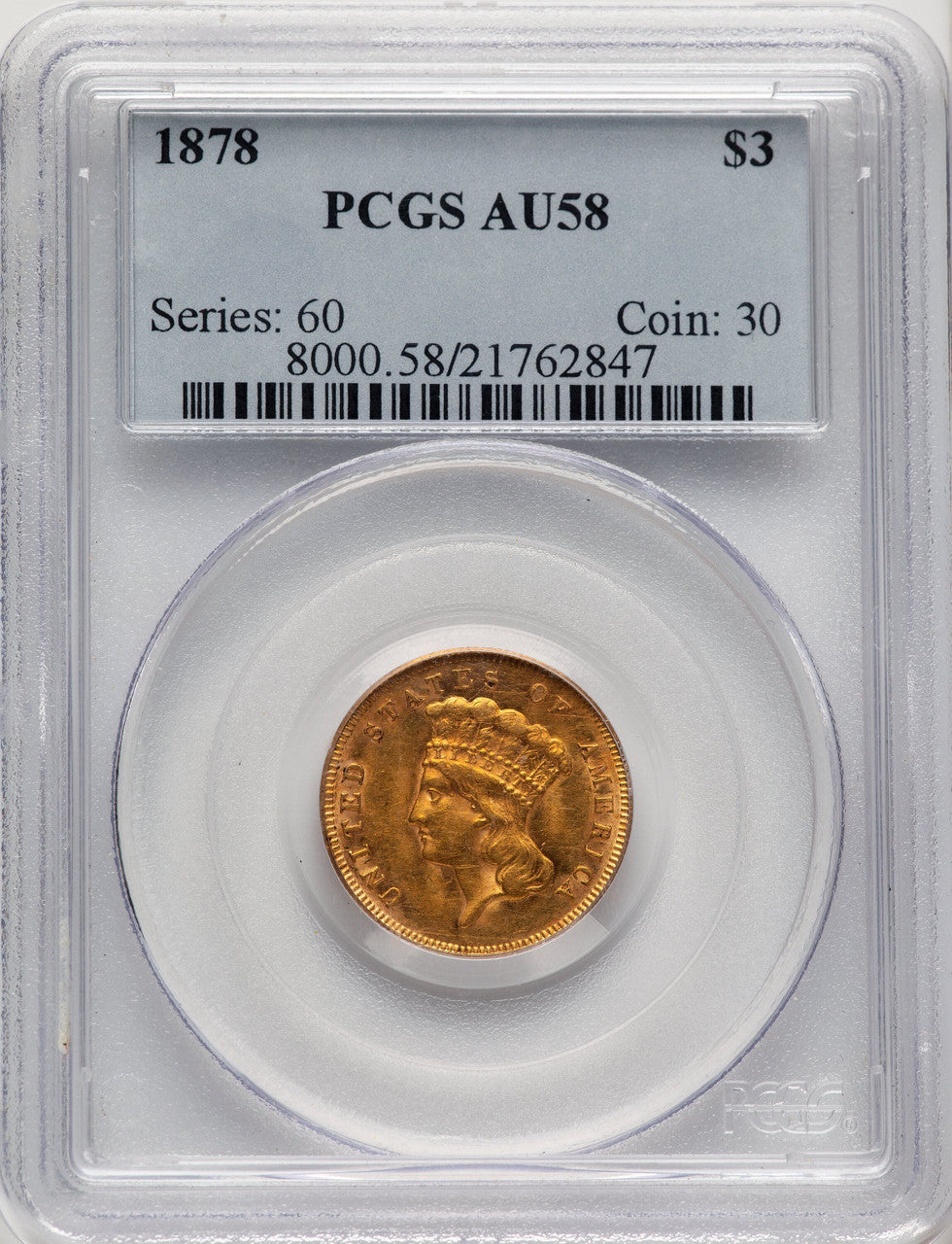 1878 $3 Three Dollar Gold Pieces PCGS AU58 (520707009)