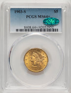1903-S $5 CAC Liberty Half Eagle PCGS MS64+
