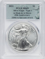 2021 $1 One-Ounce Silver Eagle Type 1 At Dusk & Dawn 35th Anniversary 320th PCGS MS69