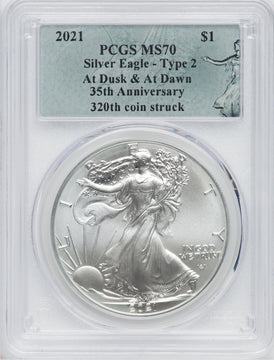 2021 American Silver Eagle Type 2 At Dusk & Dawn 35th Anniversary 320th PCGS MS70