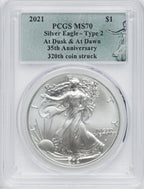 2021 American Silver Eagle Type 2 At Dusk & Dawn 35th Anniversary 320th PCGS MS70