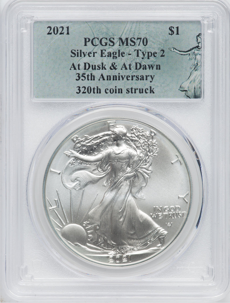 2021 American Silver Eagle Type 2 At Dusk & Dawn 35th Anniversary 320th PCGS MS70