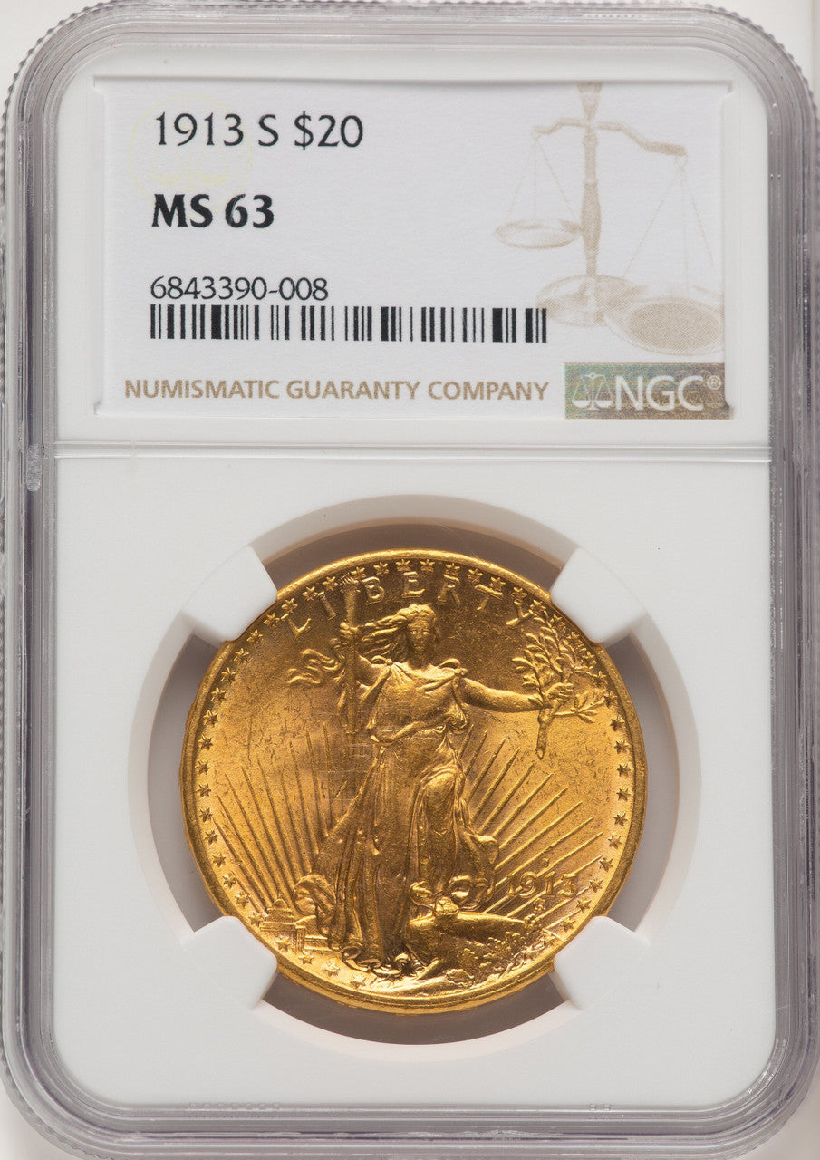 1913-S $20 Brown Label Saint-Gaudens Double Eagle NGC MS63