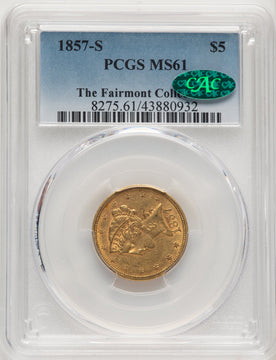 1857-S $5 CAC Liberty Half Eagle PCGS MS61