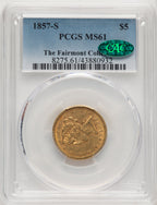 1857-S $5 CAC Liberty Half Eagle PCGS MS61
