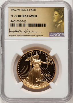 1992-W $50 One-Ounce Gold Eagle St. Gaudens Signature NGC PF70