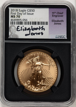 2018-W G$50 One Ounce Burnished Gold Eagle First Day of Issue FDI Elizabeth Jones Blk Core NGC MS70 (520704193)