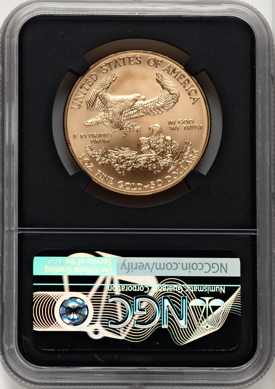2018 $50 One-Ounce Gold Eagle First Day of Issue FDI Ed Moy Blk Core NGC MS70