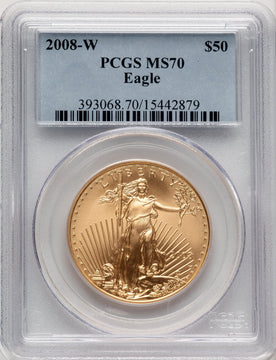 2008-W $50 One-Ounce Gold Eagle Burnished Blue Gradient PCGS SP70