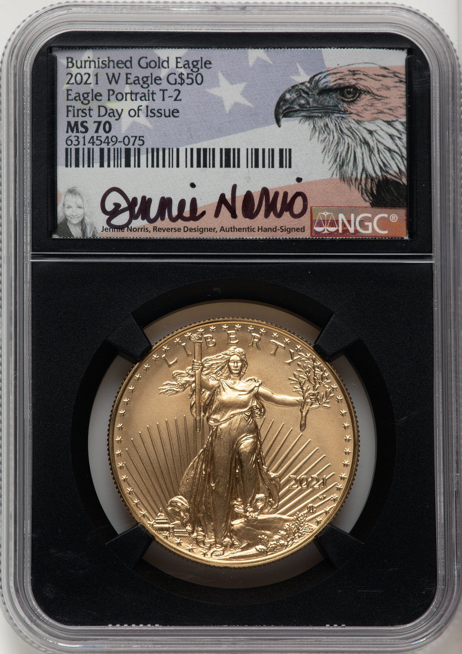 2021-W One-Ounce Gold Eagle Type Two Burnished FDI FDI Jennie NGC MS70 Norris