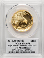 2019-W G$100 American Liberty High Relief Enhanced PL WP Mint Hoard Label PCGS MS70 (520453005)