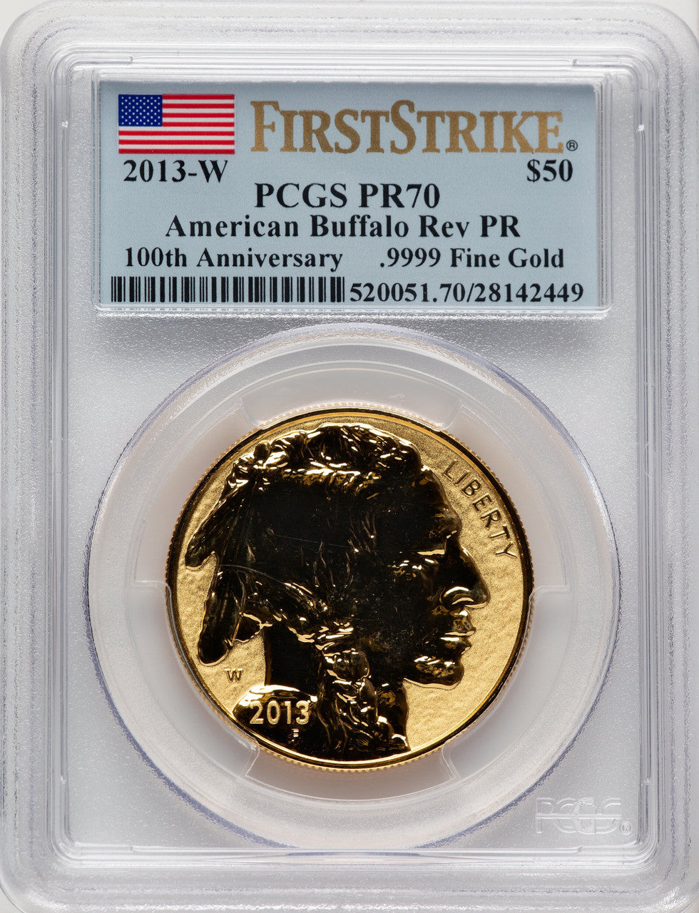 2013-W $50 One-Ounce Gold Buffalo Reverse Proof First Strike Flag Label PCGS PR70