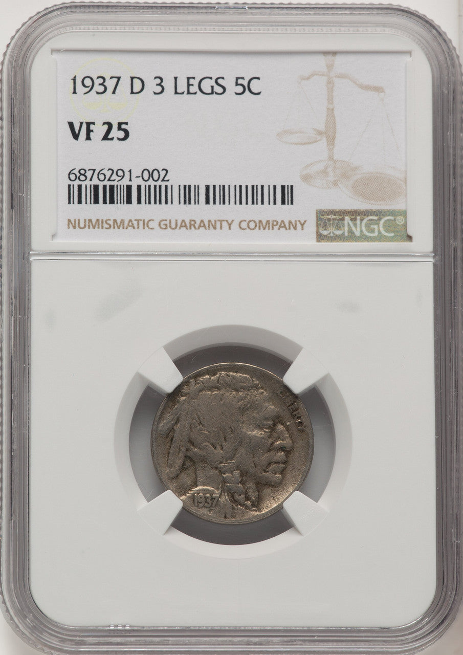 1937-D 5C Three-Legged FS-901 Buffalo Nickel NGC VF25