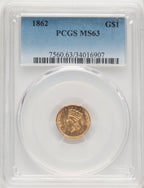 1862 G$1 Gold Dollar PCGS MS63