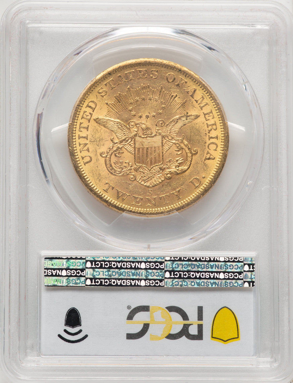 1857-S $20 CAC Liberty Double Eagle PCGS MS62