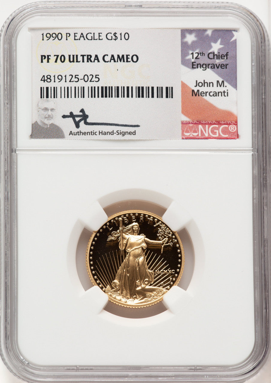 1990-P $10 Quarter-Ounce Gold Eagle John Mercanti NGC PF70